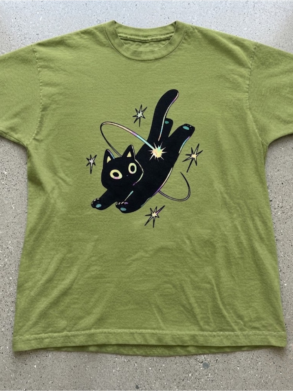 Black Cat Space Graphic Print Green Cotton Gildan T-shirt